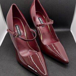 Nine West Burgundy Patent Mary Jane Pointed Toe Heels